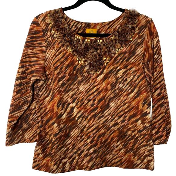 Ruby Rd. Embellished Animal Print 3/4 Sleeve Blouse Top Brown/Orange Women's M - Picture 1 of 8